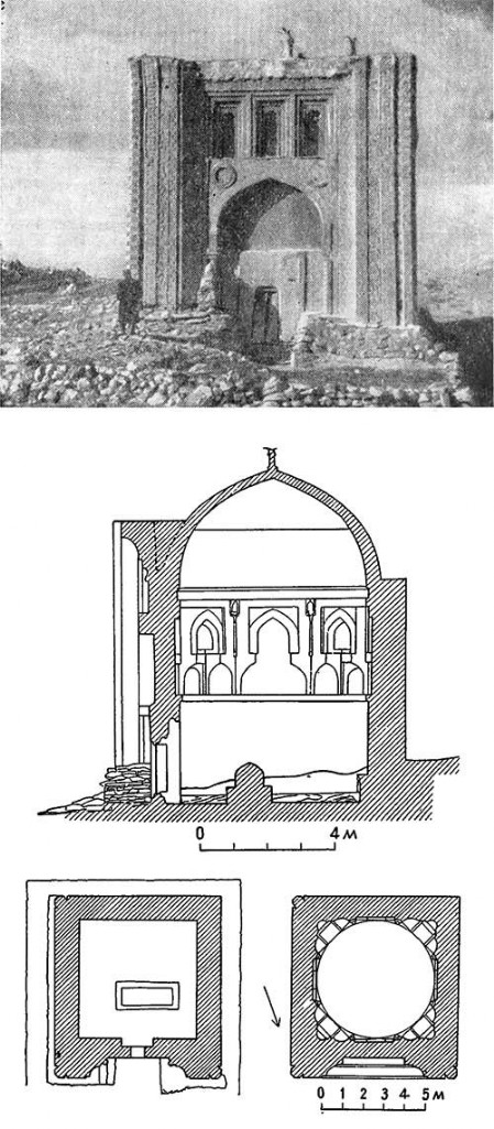 Селение Тим (Узбекистан). Мавзолей Араб-ата, 977—978 гг. Общий вид, разрез, планы