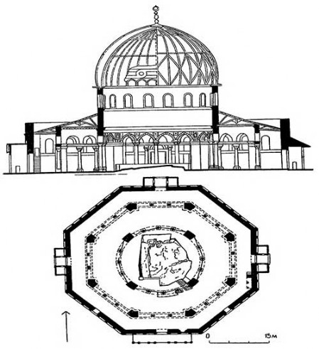 Иерусалим. Куббат ас-Сахра, 681—691 гг. разрез, план