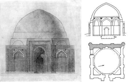 Мавзолей Аламбердара, нач. XI в. близ г. Керки (Туркменистан). Фрагмент фасада, общий вид (реконструкция), разрез, план
