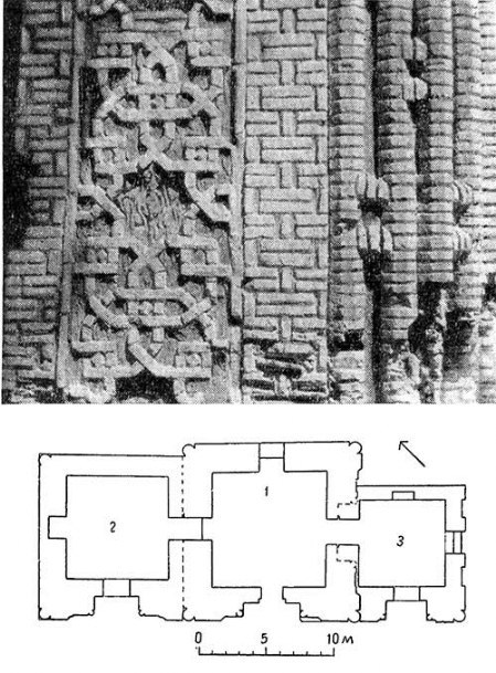 Узген. «Средний мавзолей», XI в. Фрагмент резного ганча в интерьере, план комплекса мавзолеев