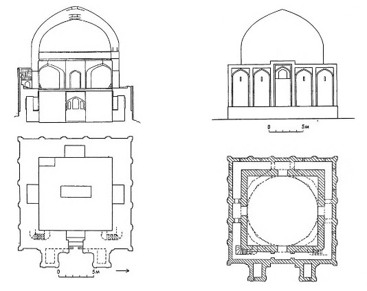 Серахс (Туркменистан). Мавзолей Абул-Фазла, XI в. План на уровне галереи, разрез, реконструкция южного фасада, план на уровне пола