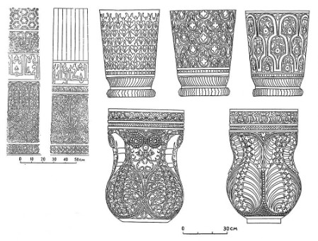 Хива. Джума-мечеть. Деревянные колонны, XI—XII вв. Капители, орнамент ствола колонн, базы