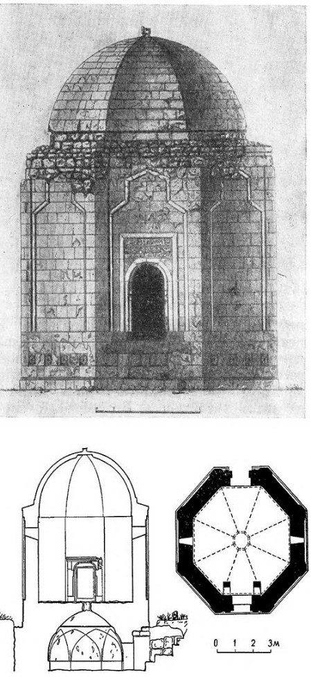 Сел. Бабы. Мавзолей, XIII в. Южный фасад, разрез, план