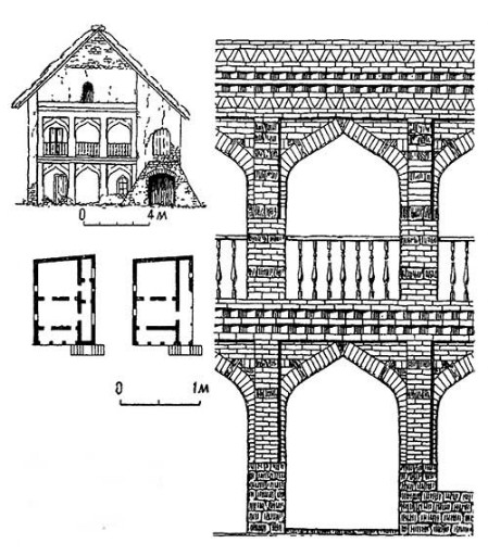 Сел. Джары. Жилой дом у башни Чингиз-кала. Фасад, план, фрагмент фасада