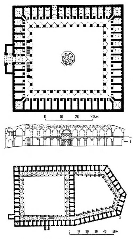 Караван-сараи. 1 — Бурса. Коза-хан, 1489 г. План, разрез; 2 — Стамбул. Кюркчу-хан, 1467 г. План