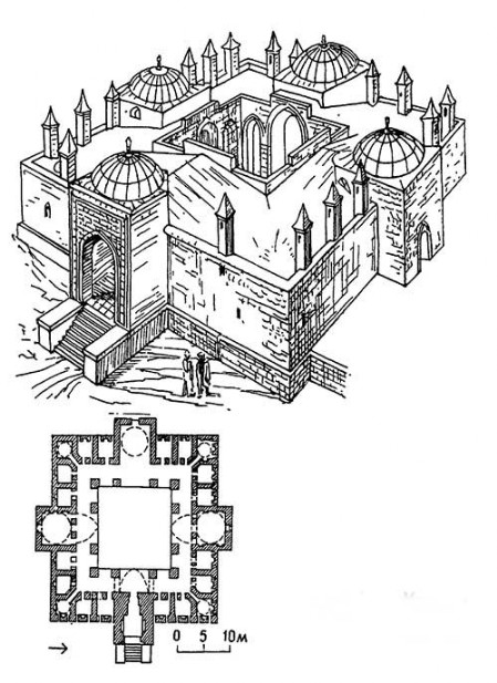 Мерзифон. Медресе Челеби Мехмеда, 1414 г. Аксонометрия (реконструкция), план
