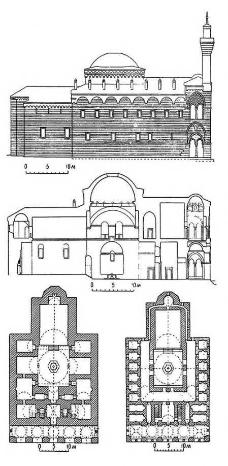 Бурса. Медресе-мечеть Мурада I, 1363 г. Фасад, разрез, планы
